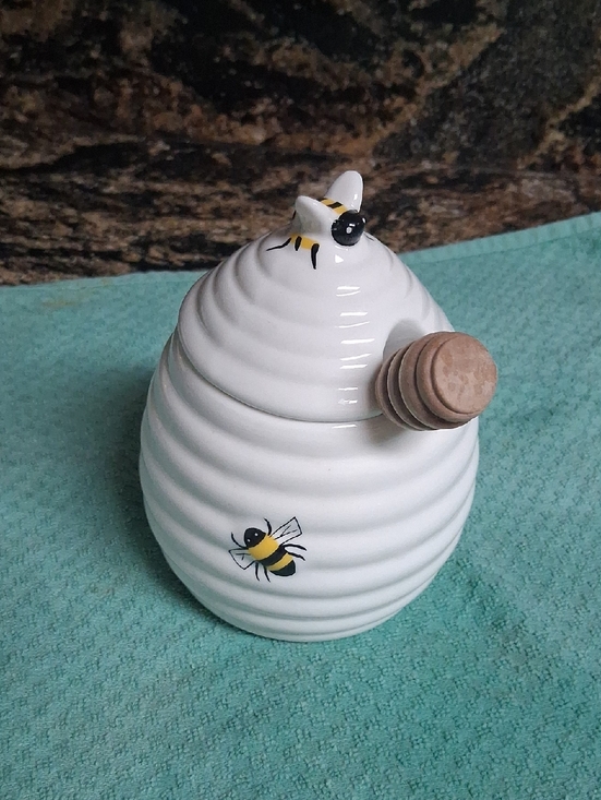 no brand listing Other - Ceramic White Bee Honey Pot with Wooden Dipper